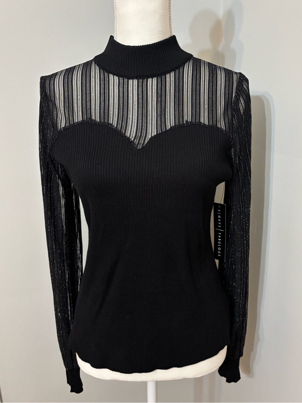 NWT Absolutely Famous Black Mock Neck Sheer Yoke Long Sleeve Top size L